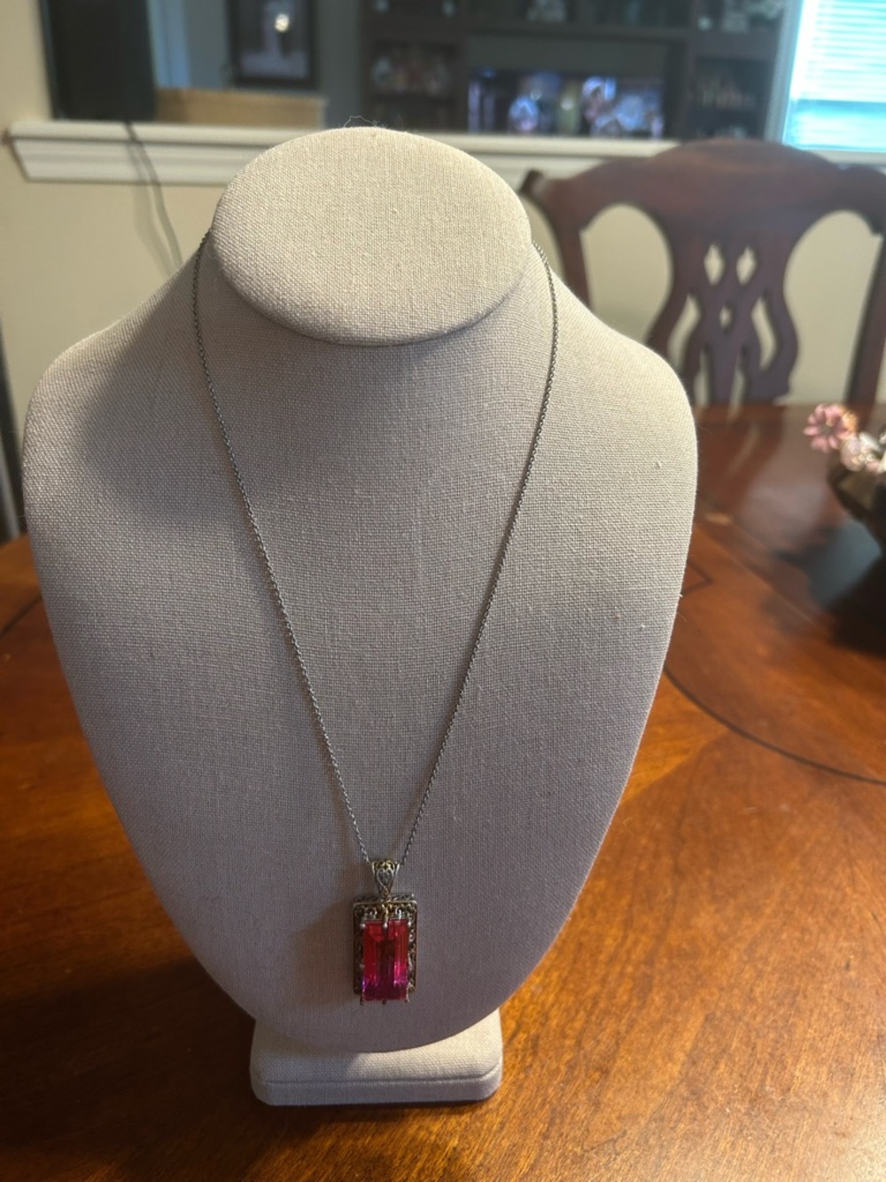 Sterling Silver Necklace with Rectangular Pink Tourmaline Pendant